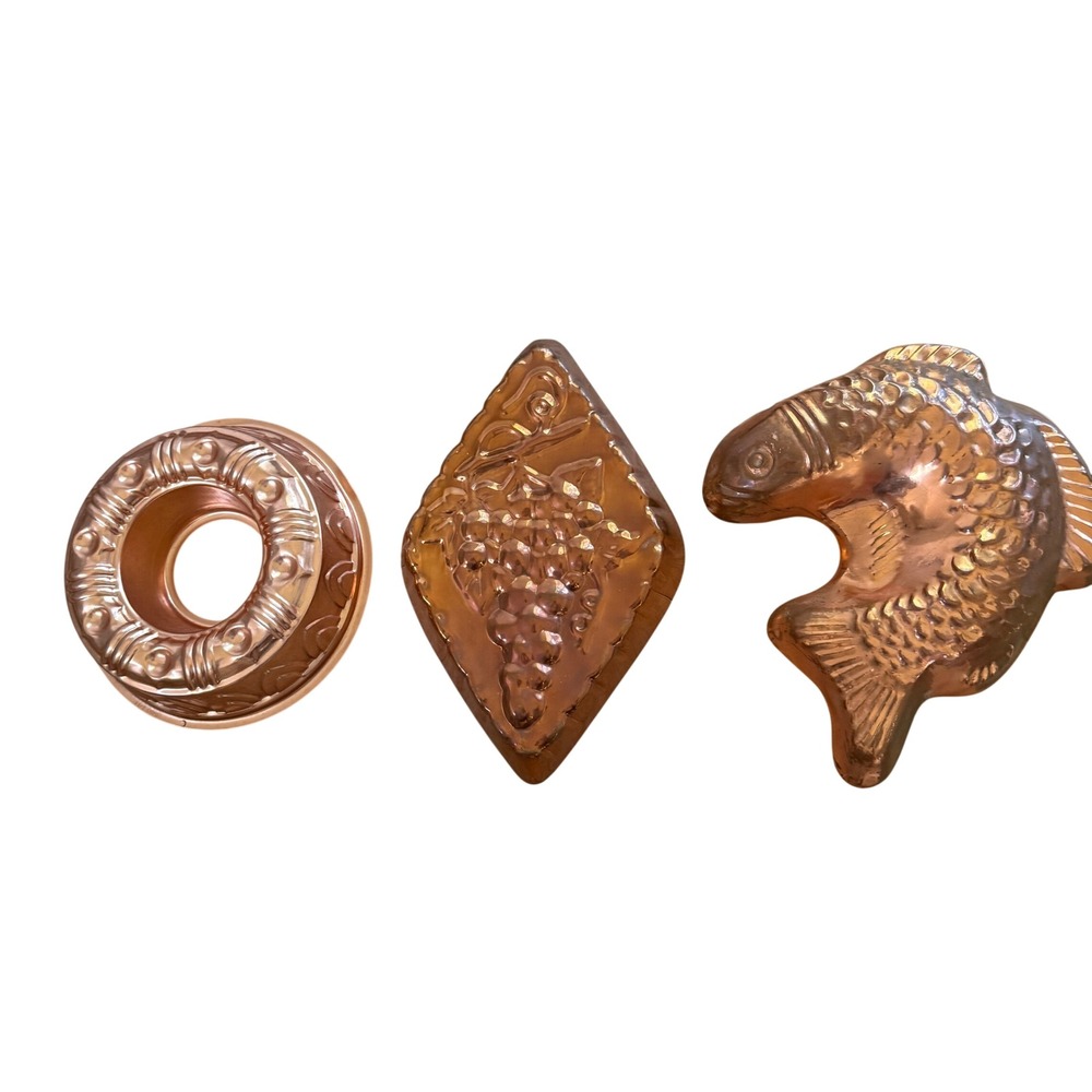 Vintage Copper Molds Set of 3  Copper Fish Grapes Round MCM Kitchen Decor